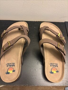Maui Island Women's Brown Double-Buckle Slide Sandals